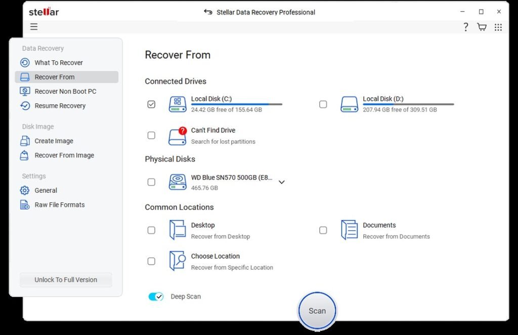 Stellar Data Recovery Professional 'Recover From' screen showing drive selection options. Local Disk (C:) is selected with a blue highlight showing 24.42 GB free of 155.64 GB. The interface displays Connected Drives, Physical Disks, and Common Locations sections with various recovery options. Deep Scan is enabled at the bottom, and a blue 'Scan' button is highlighted at the bottom right