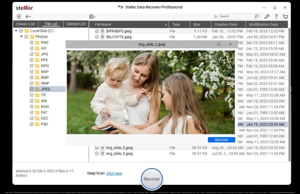 Stellar Data Recovery Professional scan results screen showing recovered files in a tree structure on the left with Local Disk (C:) expanded to show Photos folder and various image file formats. The main panel displays recoverable image files with details like file names, types, sizes, and modification dates. A blue 'Recover' button is highlighted at the bottom right, and another 'Recover' button appears in the top right of the file list area.