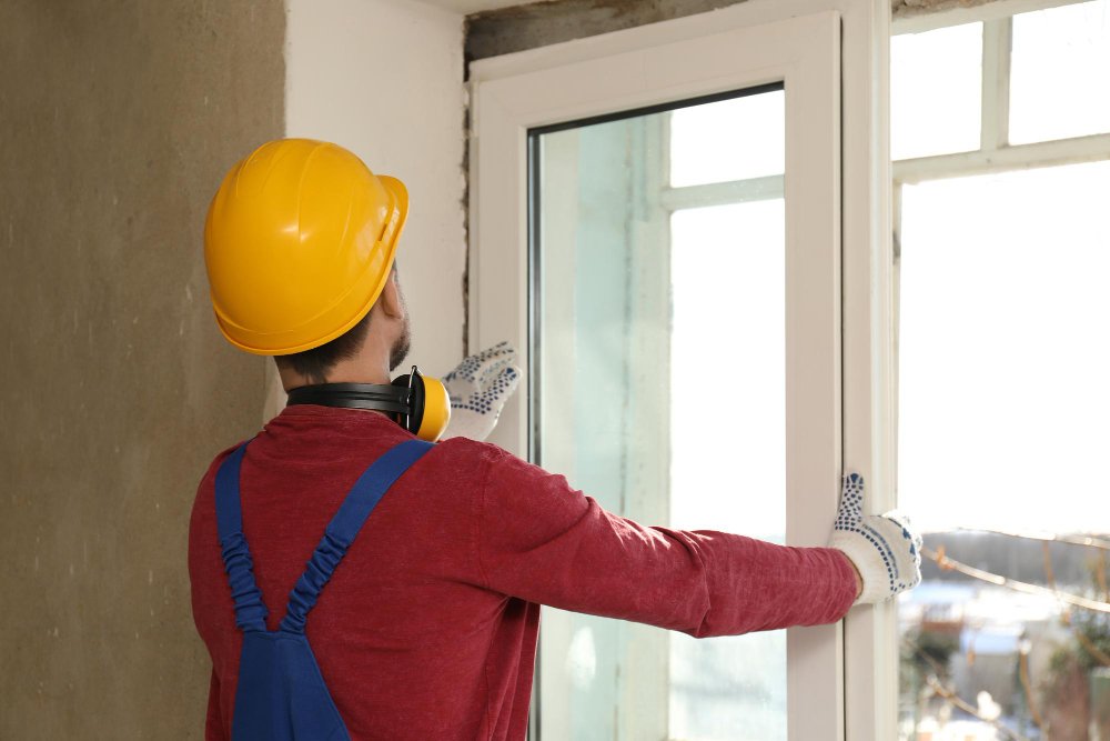 Professional window repair technician in yellow hard hat and red shirt working on white window frame during installation or maintenance