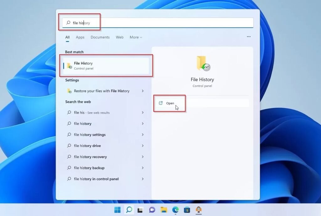 Windows 11 Start menu search results for 'file history' showing the File History Control Panel option highlighted in red box at the top of the Best match section, with an 'Open' button highlighted in red on the right side. The search results also show various File History related options below.
