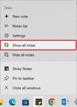 Windows Sticky Notes taskbar context menu with 'Show all notes' option highlighted in red box, displaying various menu items including New note, Notes list, Settings, Hide all notes, Pin to taskbar, and Close all windows