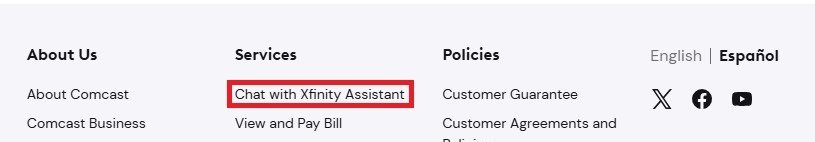 Chat with Xfinity Assistant button highlighted in red box on Xfinity website footer navigation menu