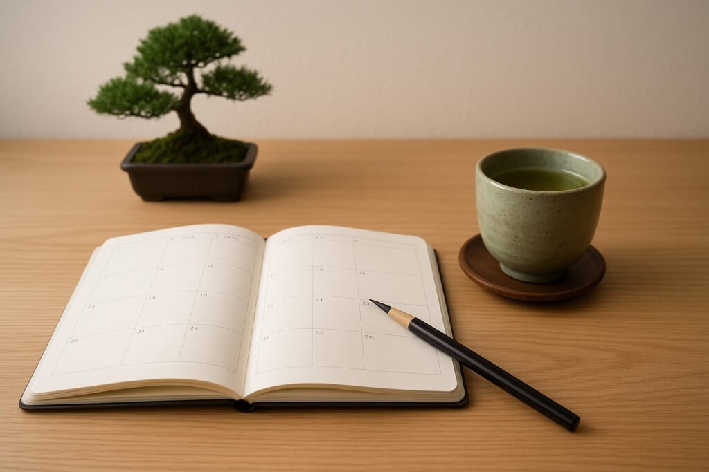 Minimalist Japanese-inspired workspace with open planner, green tea cup, and bonsai tree — symbolizing mindful productivity and the Soutaipasu philosophy.