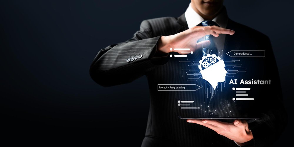 A businessman in a suit holds a digital hologram of an AI assistant icon above a tablet, symbolizing artificial intelligence, innovation, and business technology integration.