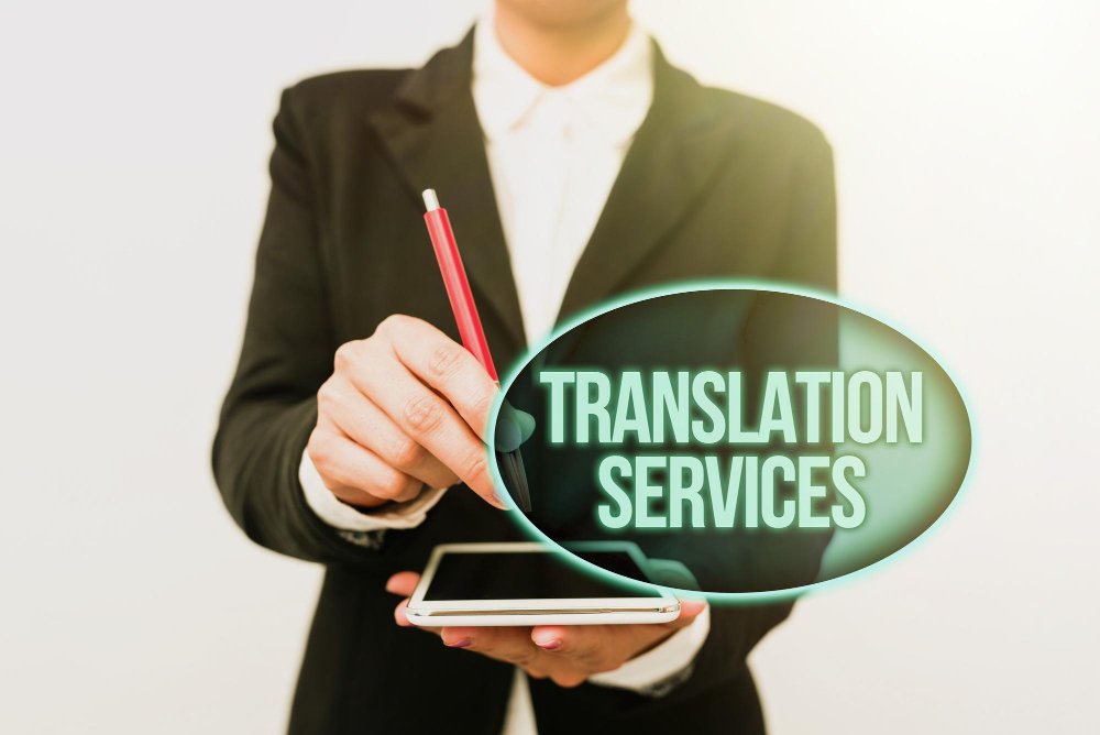 Professional in business suit holding pen and tablet with glowing "Translation Services" text overlay representing multilingual business communication