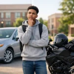 College student in thoughtful pose standing between a white sedan car and black motorcycle with safety gear, on a campus with brick buildings in the background, contemplating which vehicle to choose for student transportation.
