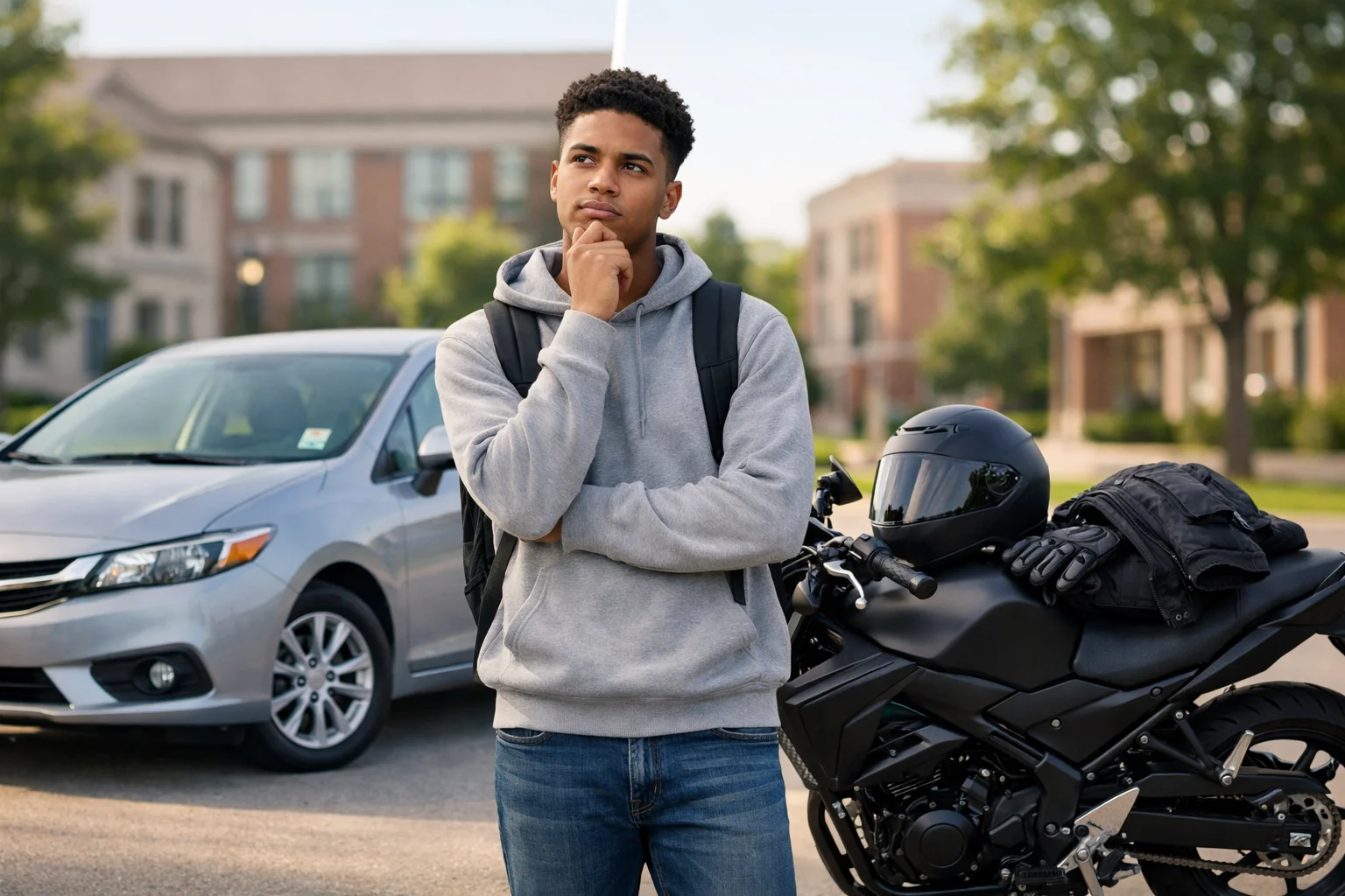 College student in thoughtful pose standing between a white sedan car and black motorcycle with safety gear, on a campus with brick buildings in the background, contemplating which vehicle to choose for student transportation.