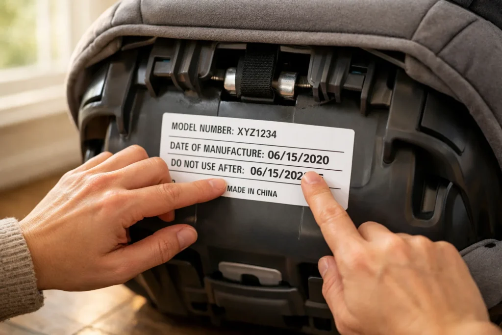 Parent checking manufacture date label on bottom of gray convertible car seat in bright natural light at home