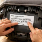 Parent checking manufacture date label on bottom of gray convertible car seat in bright natural light at home
