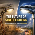 Split image showing a worker cleaning a dusty solar street lamp and a modern self-cleaning lamp with bright lighting in a smart city setting.