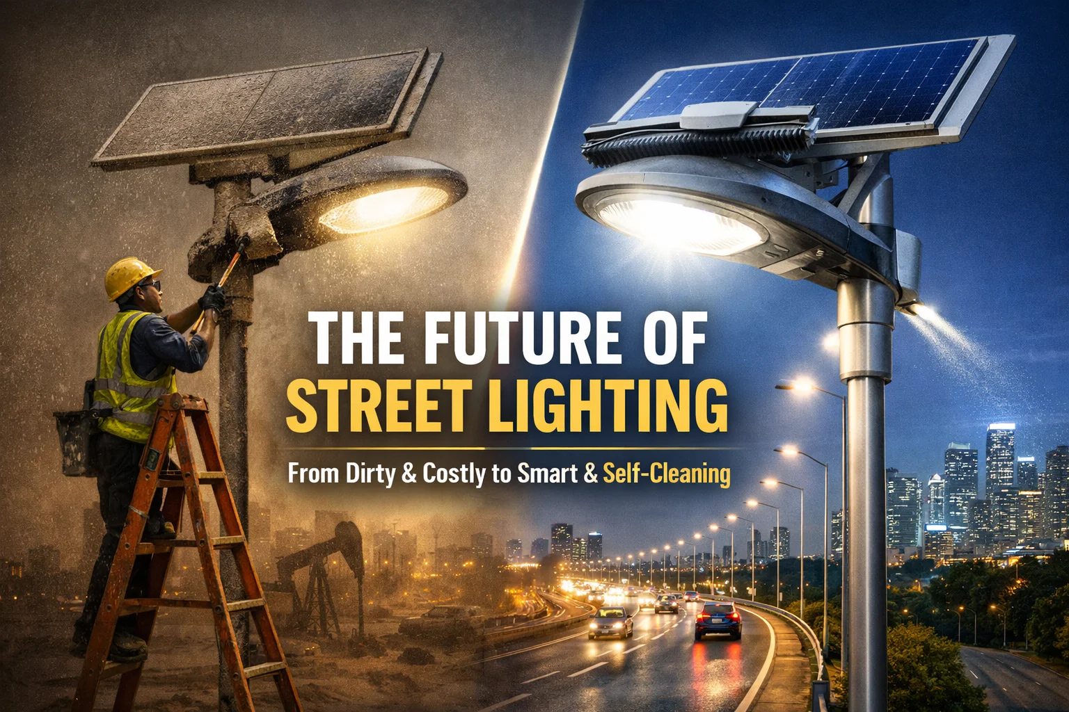 Split image showing a worker cleaning a dusty solar street lamp and a modern self-cleaning lamp with bright lighting in a smart city setting.