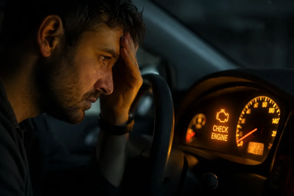 Driver looking stressed with hand on forehead staring at glowing check engine light on car dashboard