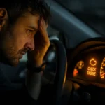 Driver looking stressed with hand on forehead staring at glowing check engine light on car dashboard