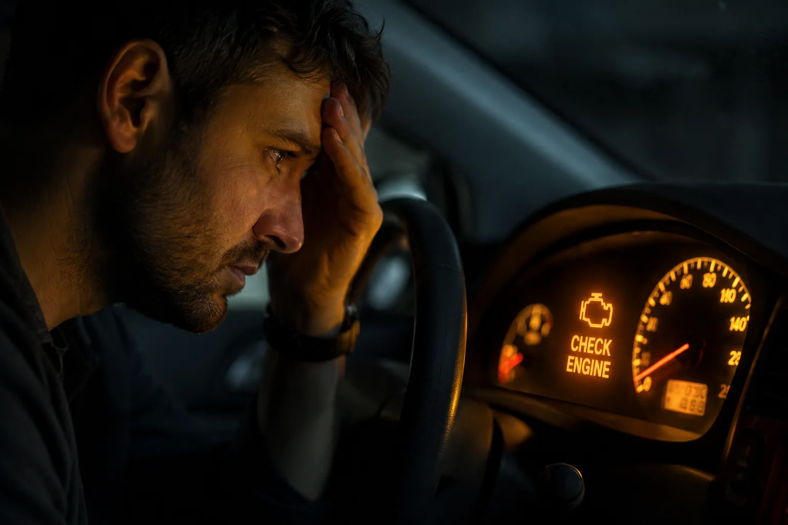 Driver looking stressed with hand on forehead staring at glowing check engine light on car dashboard