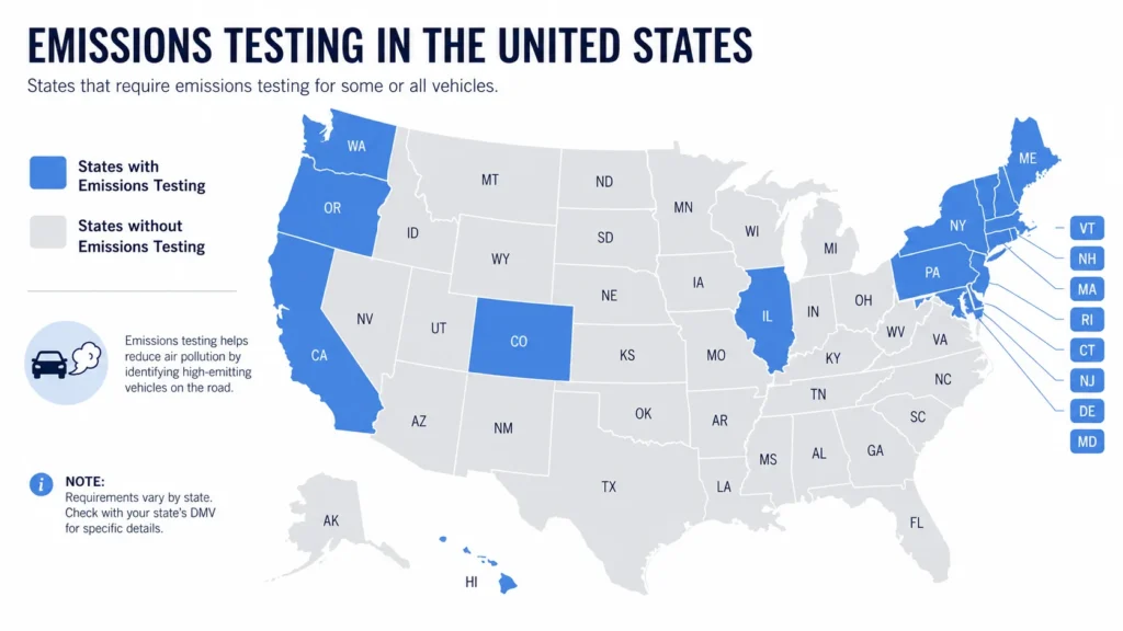 US map showing states that require emissions testing highlighted in blue including California, New York, Colorado, Illinois and northeastern states