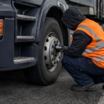 Inspector checking HGV tyre tread with gauge in a UK depot yard