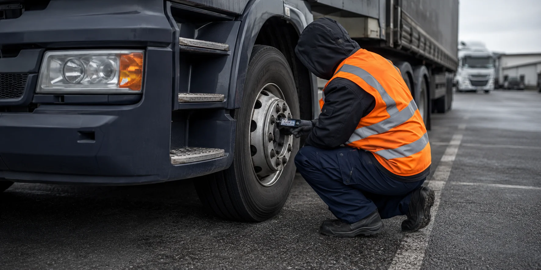 Inspector checking HGV tyre tread with gauge in a UK depot yard