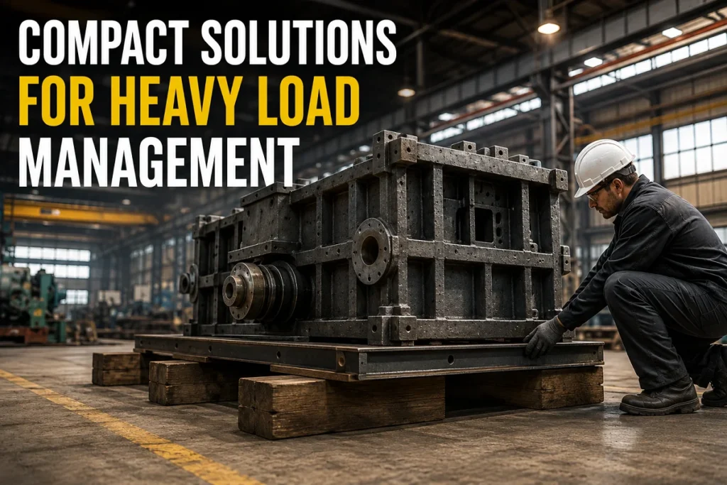 Compact lifting equipment supporting a heavy industrial machine inside a warehouse, demonstrating portable heavy load management solutions.