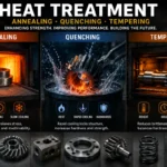 Industrial heat treatment processes showing annealing, quenching and tempering of metal components to improve strength, hardness, toughness and durability.