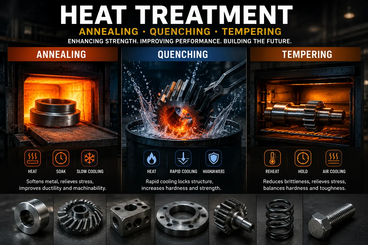 Industrial heat treatment processes showing annealing, quenching and tempering of metal components to improve strength, hardness, toughness and durability.